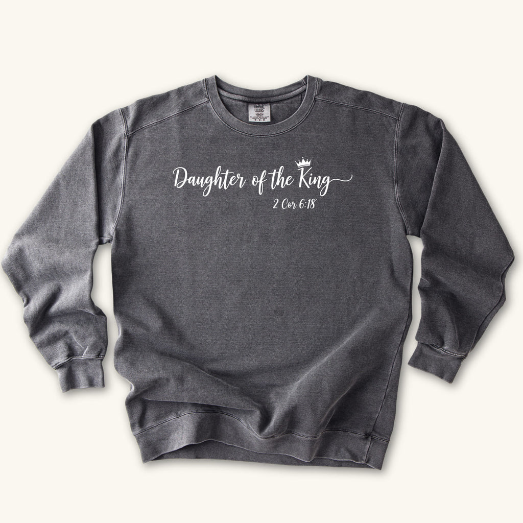 Pepper Daughter of the King Script sweatshirt flat lay mockup, 2 Corinthians 6:18 Christian apparel for women