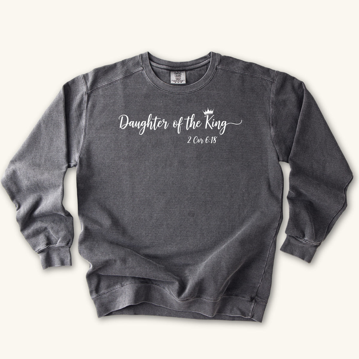 Pepper Daughter of the King Script sweatshirt flat lay mockup, 2 Corinthians 6:18 Christian apparel for women
