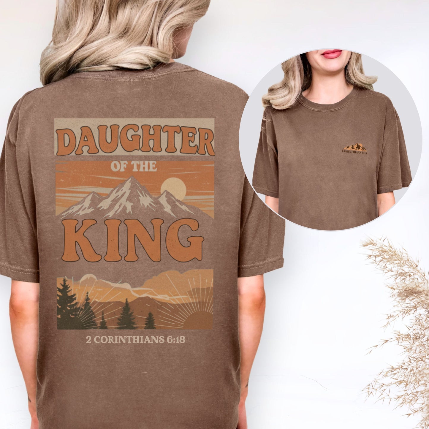Brown t-shirt with 'Daughter of the King' design on a white background