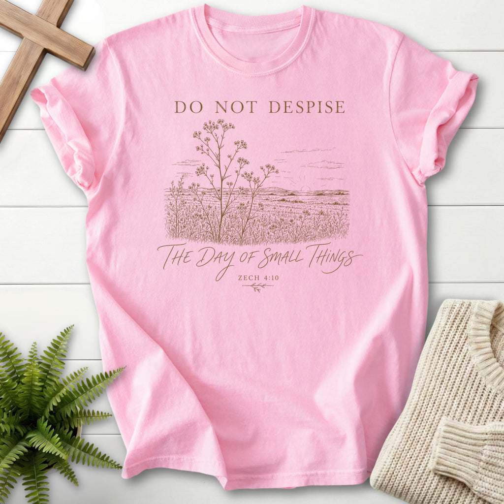 Blossom color option for the Day of Small Things tee with floral line art with "Day of Small Things T-Shirt" Zechariah 4:10 for women's faith apparel.
