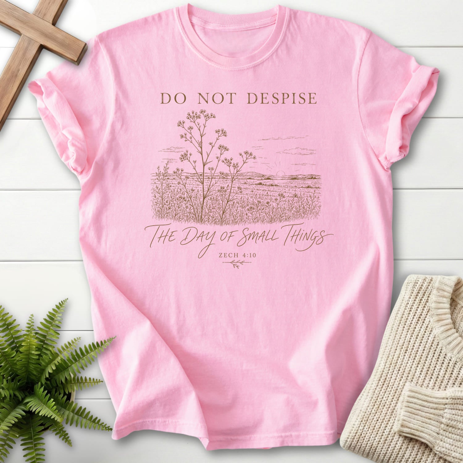 Blossom color option for the Day of Small Things tee with floral line art with "Day of Small Things T-Shirt" Zechariah 4:10 for women's faith apparel.