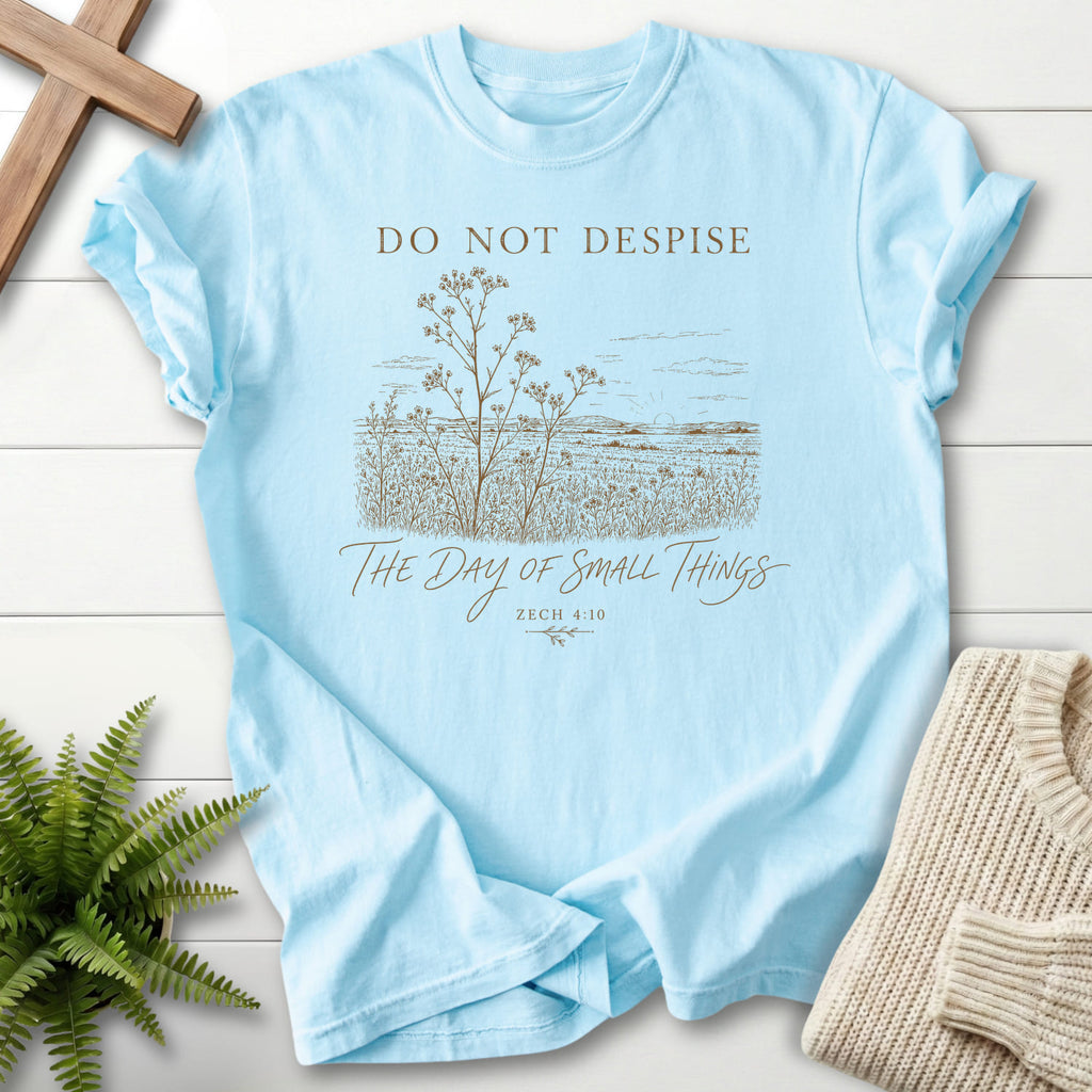 Flatlay of a Chambray Comfort Colors 1717 garment-dyed Christian tee with floral line art with "Day of Small Things T-Shirt" Zechariah 4:10.
