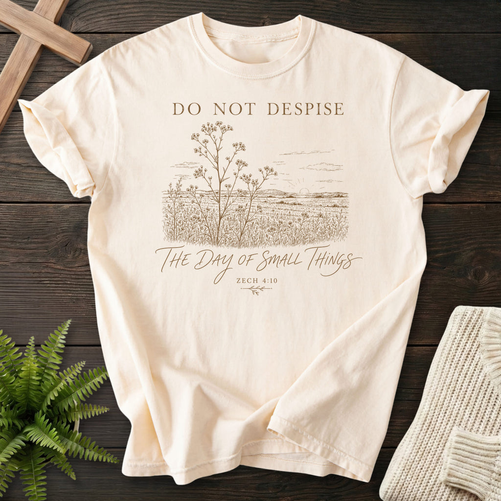 Ivory color option for the Day of Small Things Christian graphic tee with floral line art with "Day of Small Things T-Shirt" Zechariah 4:10.