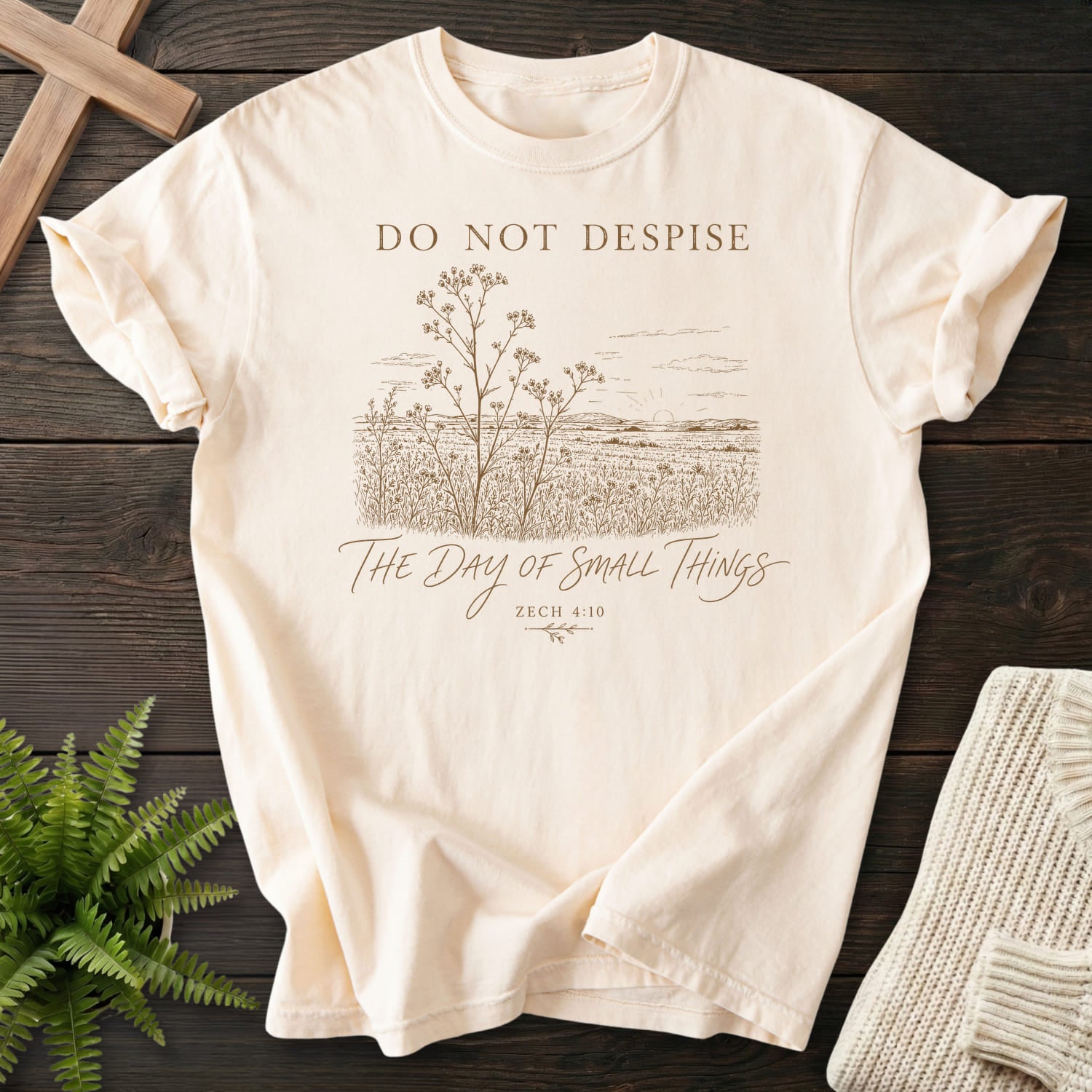 Ivory color option for the Day of Small Things Christian graphic tee with floral line art with "Day of Small Things T-Shirt" Zechariah 4:10.