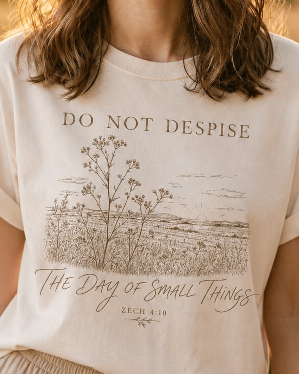 Day of Small Things - Ivory women's Christian tee, lifestyle photo in wildflower meadow at sunrise - Line-art wildflower field at sunrise in golden ink - Zechariah 4:10 - She Wears Faith