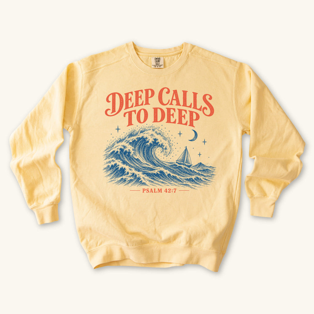 Butter Deep Calls to Deep sweatshirt flat lay mockup, Psalm 42:7 Christian apparel for women