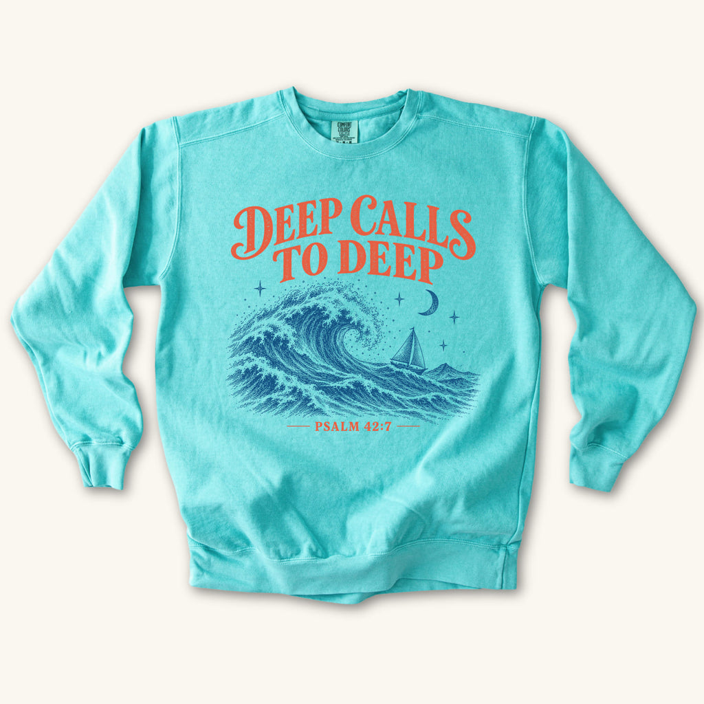 Chalky Mint Deep Calls to Deep sweatshirt flat lay mockup, Psalm 42:7 Christian apparel for women