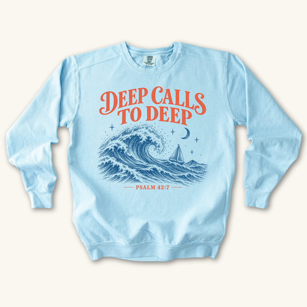 Chambray Deep Calls to Deep sweatshirt flat lay mockup, Psalm 42:7 Christian apparel for women