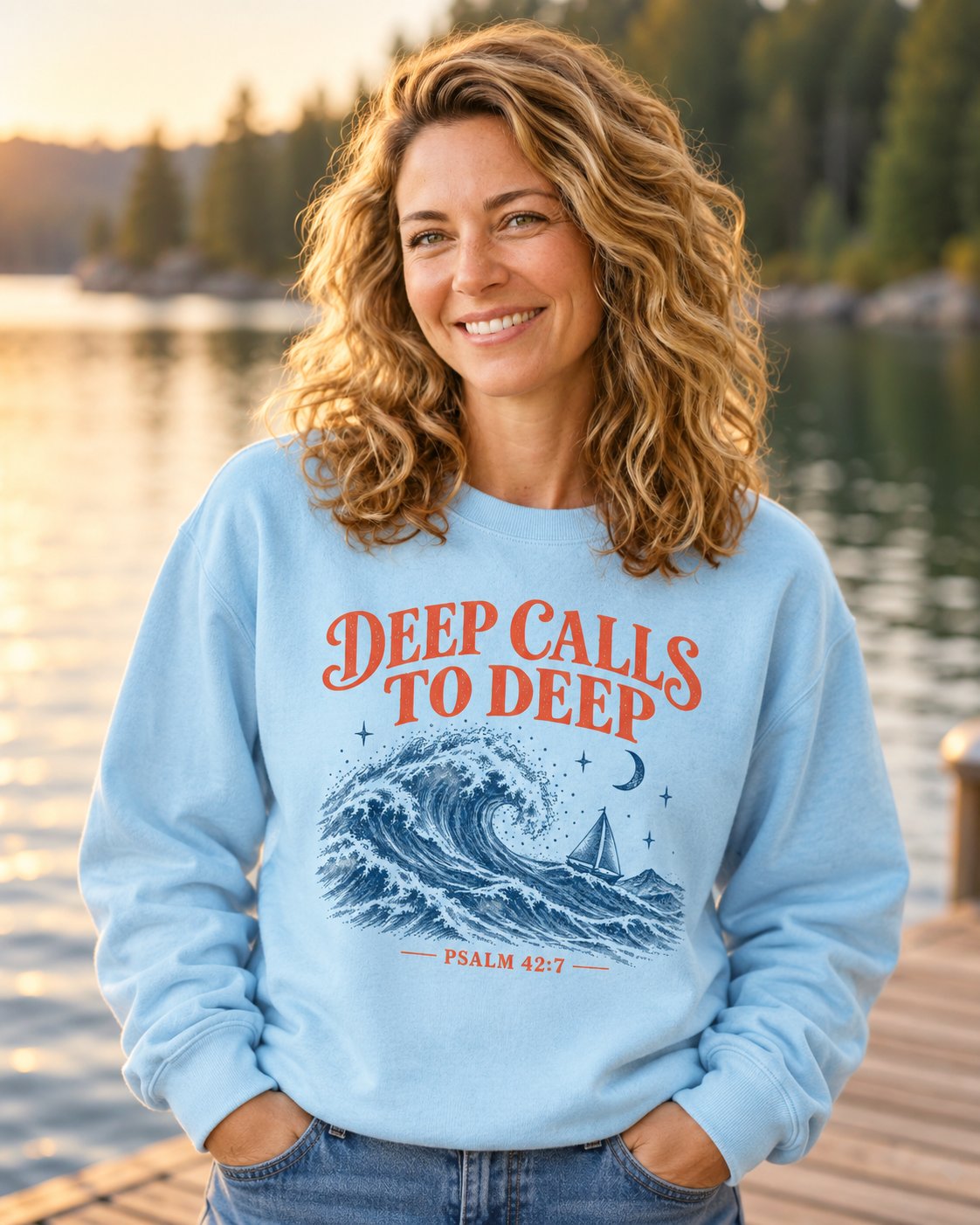 Deep Calls to Deep Psalm 42:7, Chambray women's Christian sweatshirt, lifestyle photo in lakeside setting, DEEP CALLS TO DEEP lettering over an ocean wave, She Wears Faith