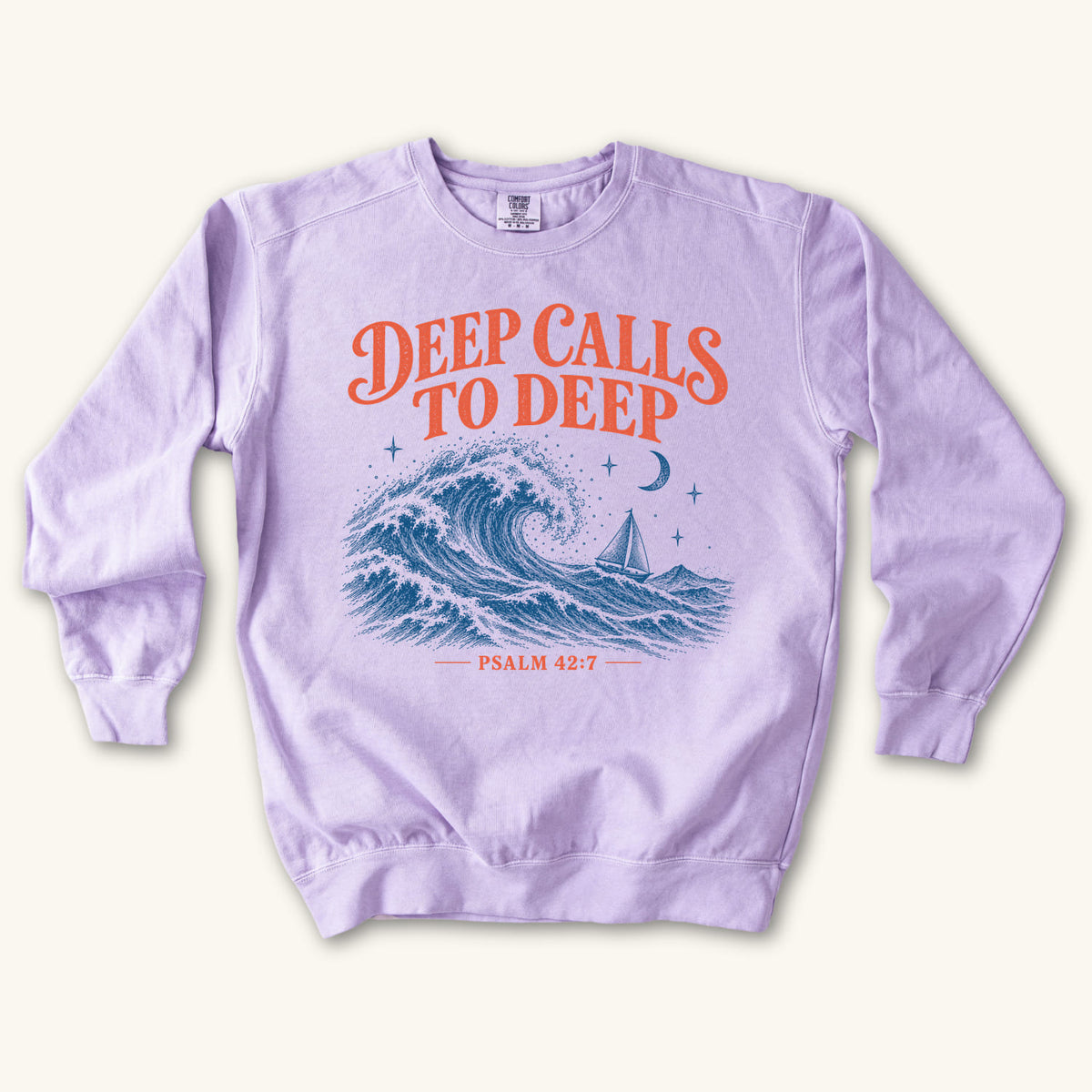 Orchid Deep Calls to Deep sweatshirt flat lay mockup, Psalm 42:7 Christian apparel for women