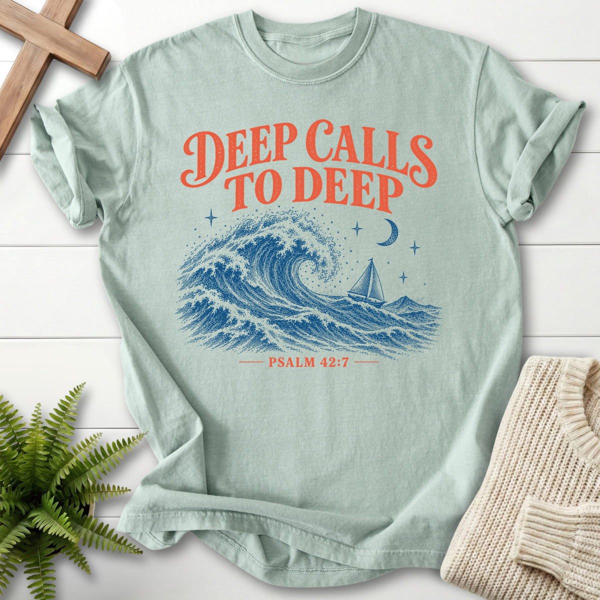 Bay Deep Calls to Deep T-shirt flat lay mockup, Psalm 42:7 Christian apparel for women