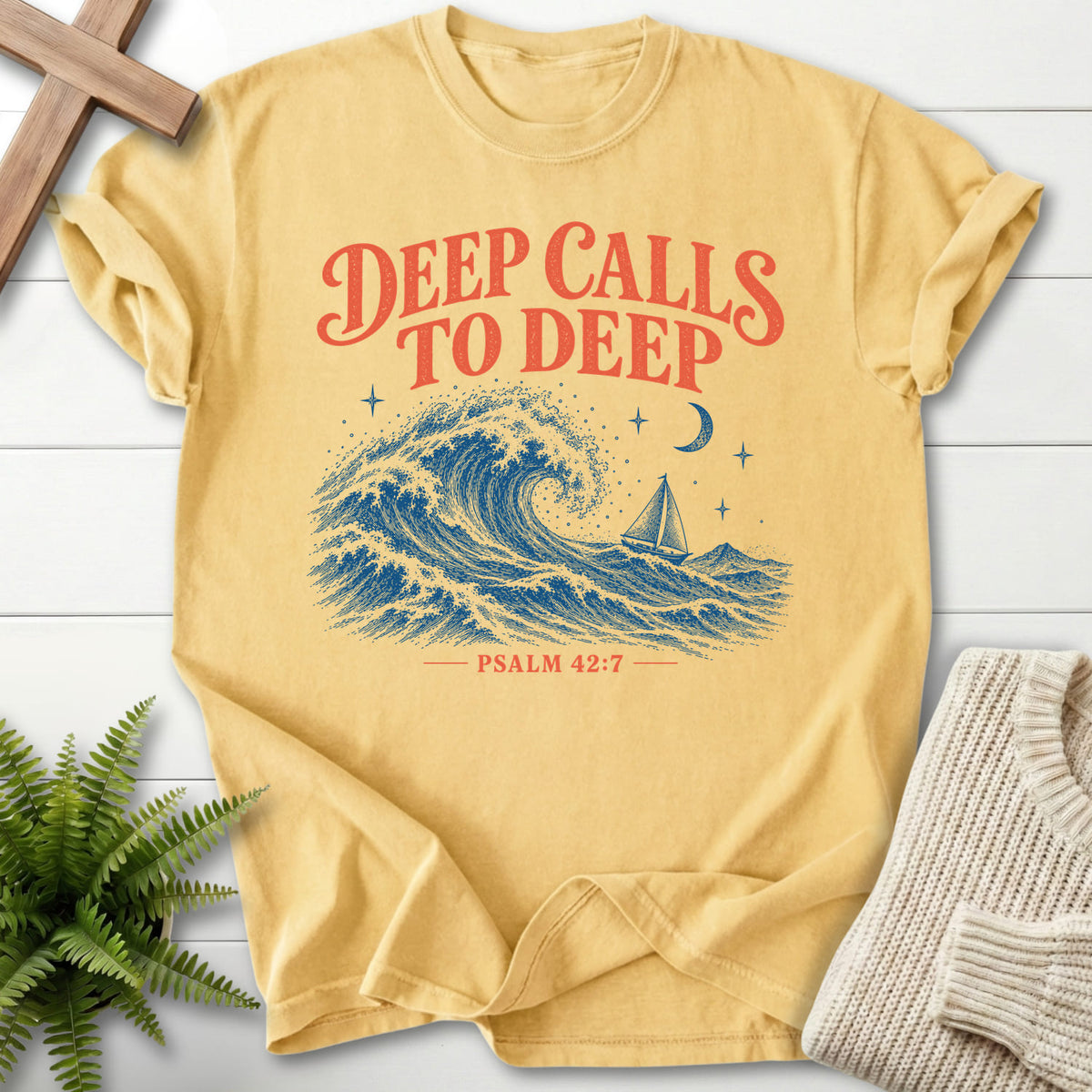 Butter Deep Calls to Deep T-shirt flat lay mockup, Psalm 42:7 Christian apparel for women