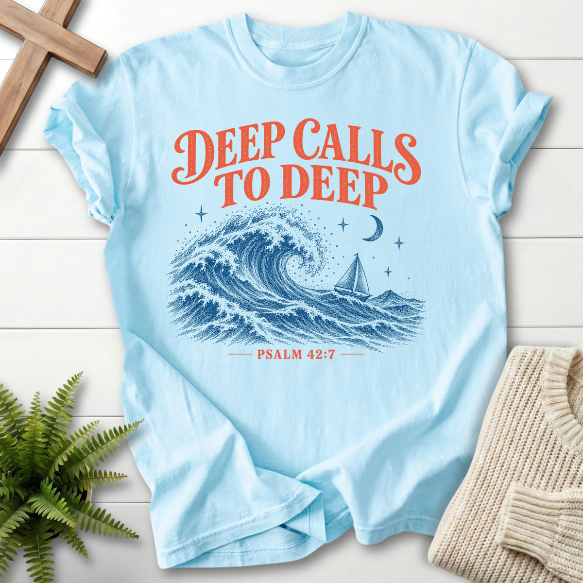 Chambray Deep Calls to Deep T-shirt flat lay mockup, Psalm 42:7 Christian apparel for women