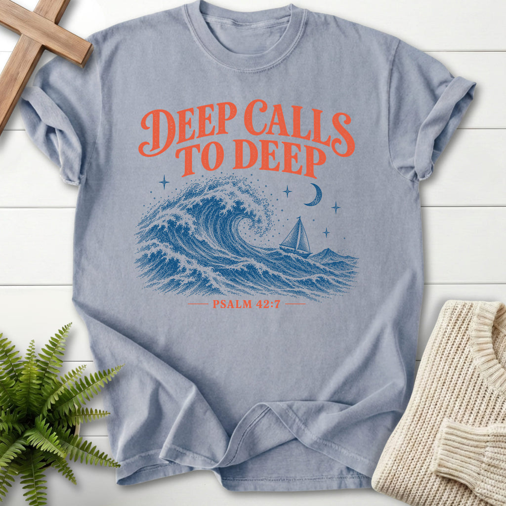 Granite Deep Calls to Deep T-shirt flat lay mockup, Psalm 42:7 Christian apparel for women