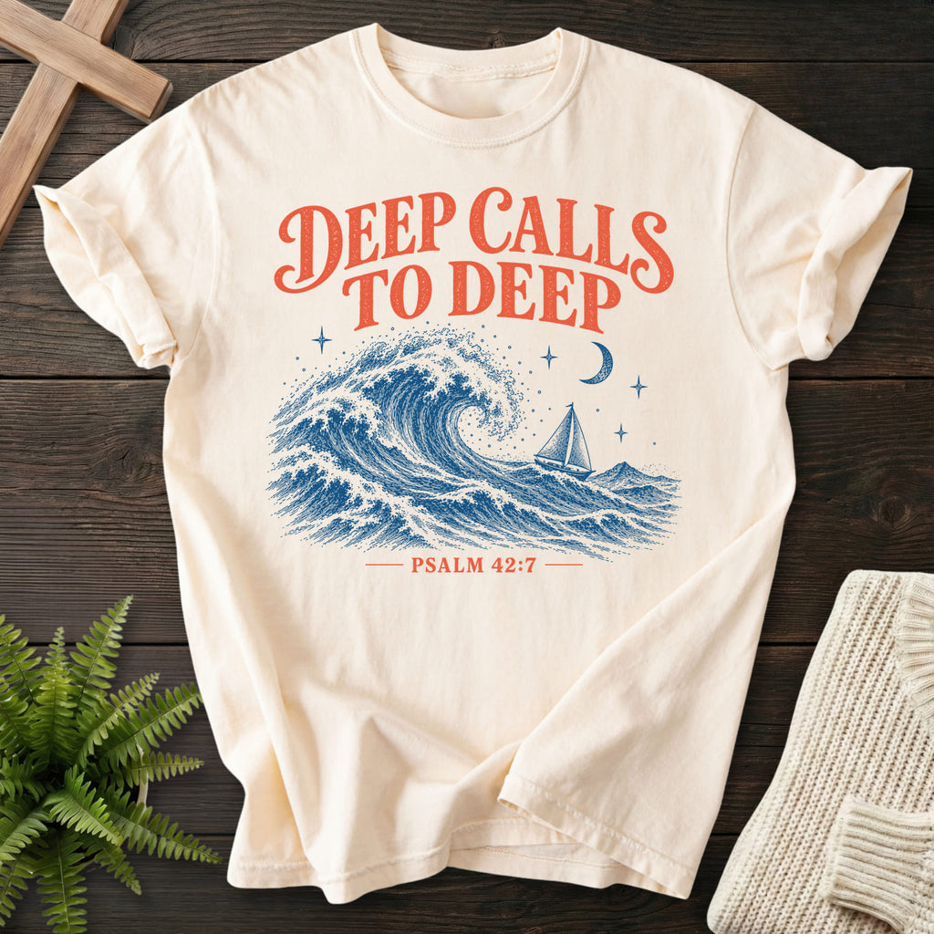 Ivory Deep Calls to Deep T-shirt flat lay mockup, Psalm 42:7 Christian apparel for women