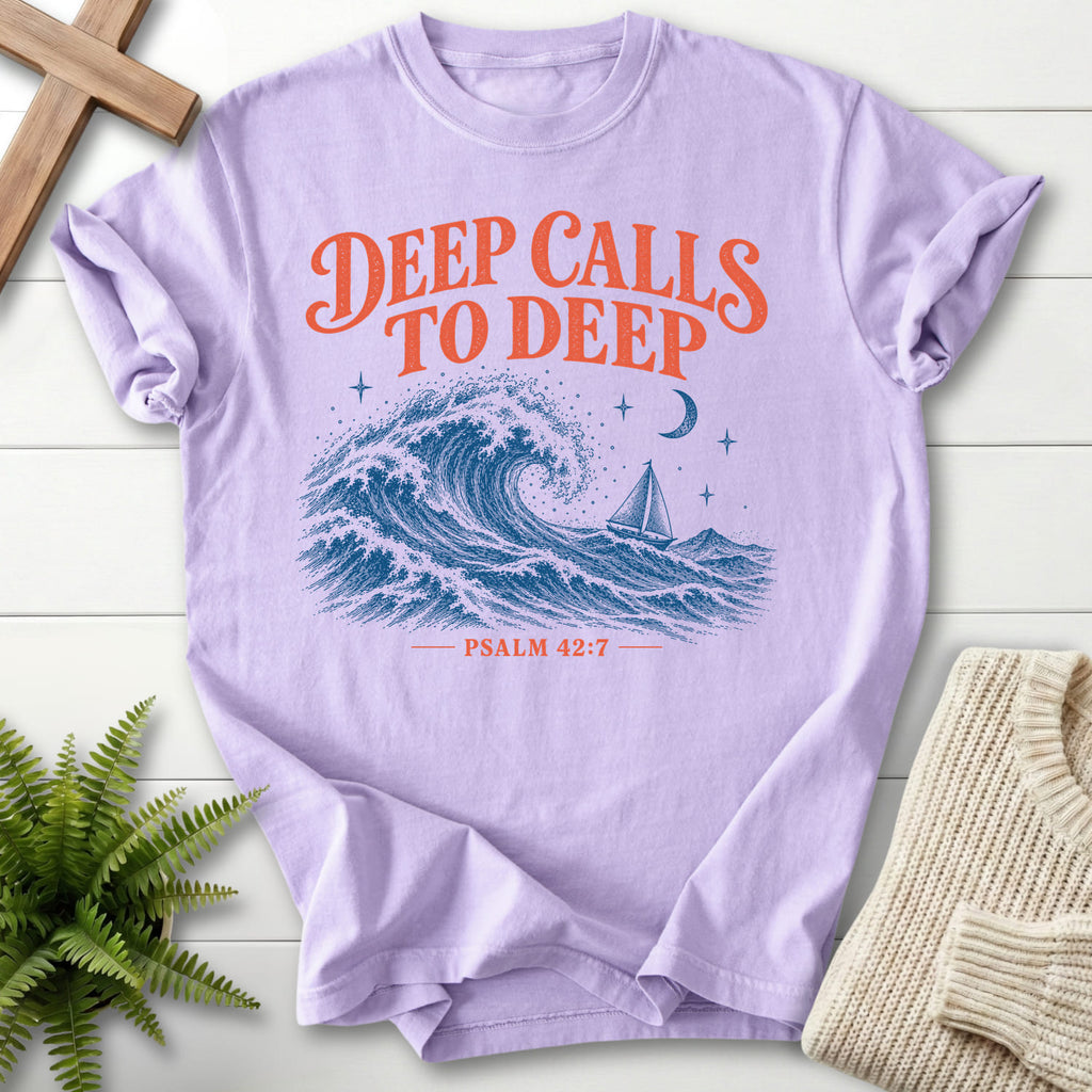 Orchid Deep Calls to Deep T-shirt flat lay mockup, Psalm 42:7 Christian apparel for women