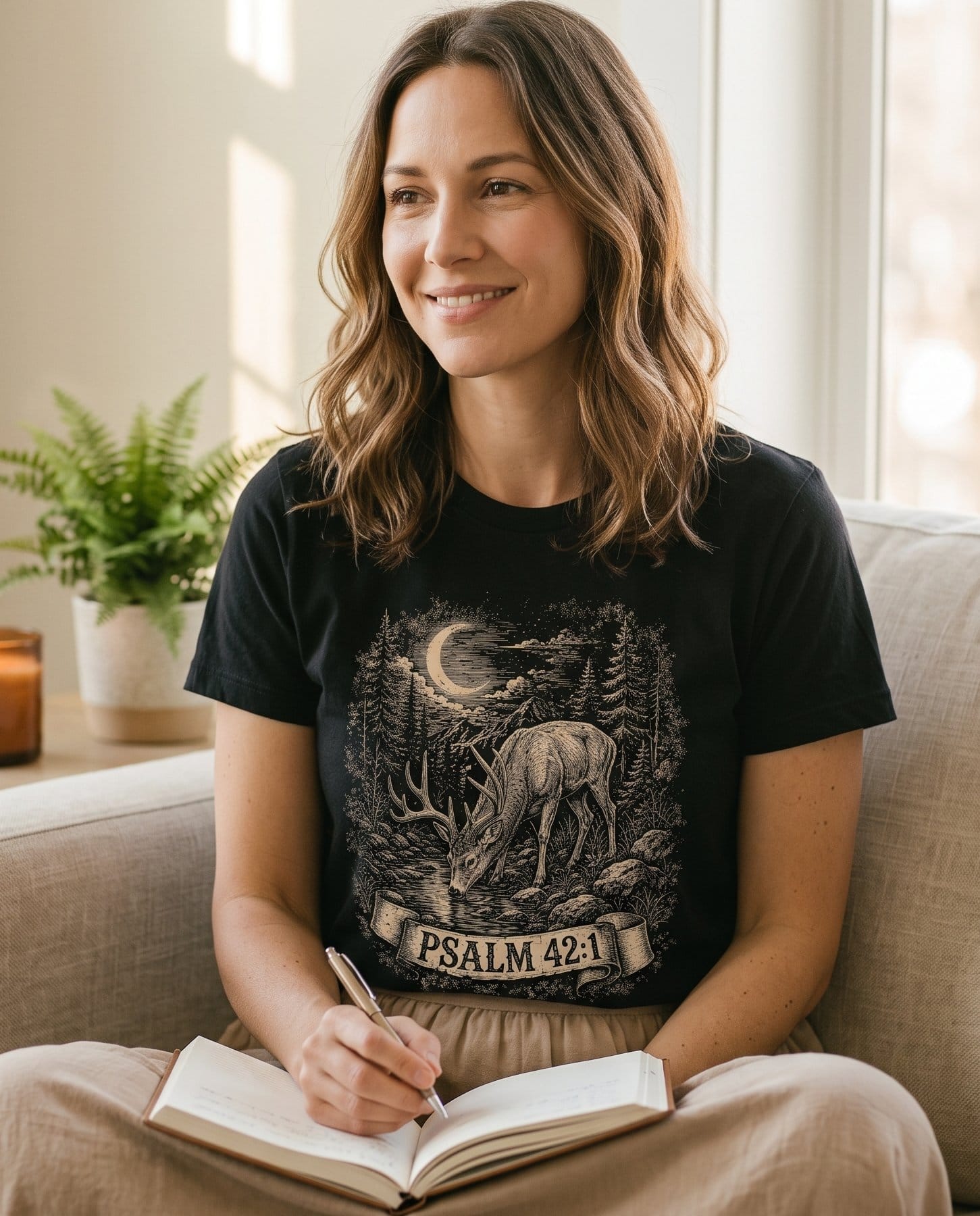 Deer in Night Sky Ps 42:1 – Black women's Christian tee, lifestyle photo in cozy living room – Fine cream linework of a buck drinking from a stream beneath a crescen – Psalm 42:1 – She Wears Faith