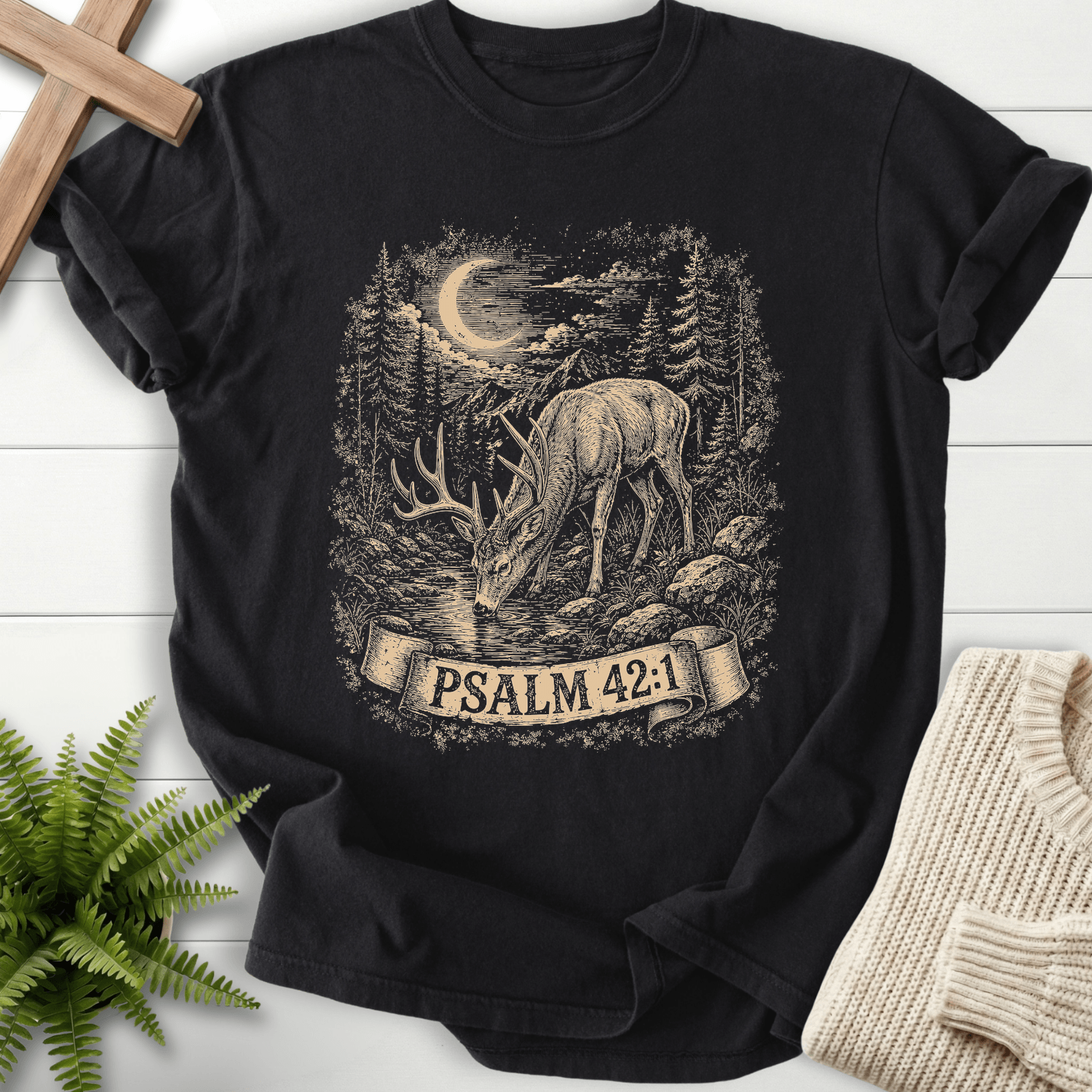Deer In Night Sky Ps 42 1 T-Shirt in Black | She Wears Faith