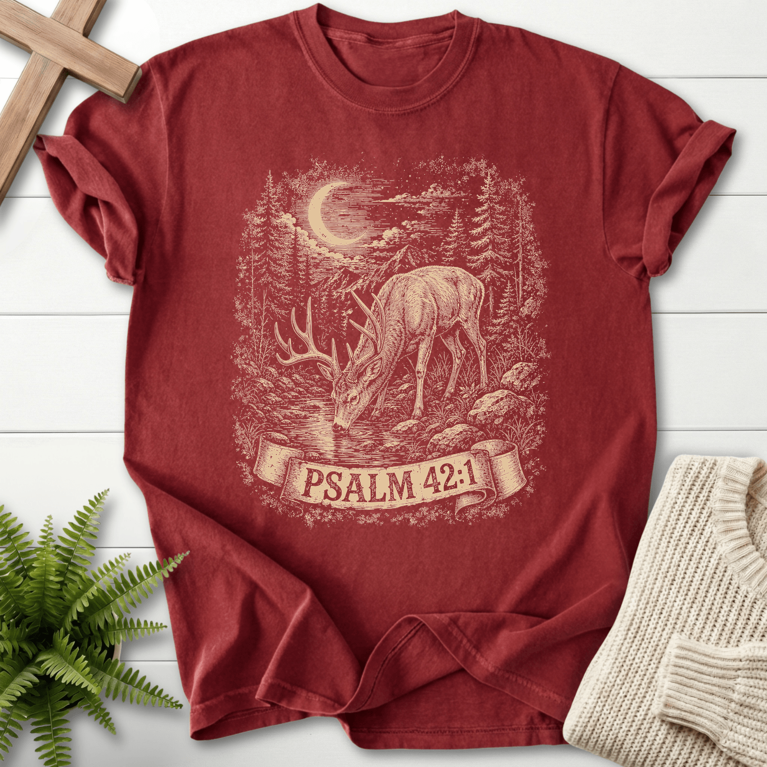 Deer In Night Sky Ps 42 1 T-Shirt in Brick | She Wears Faith