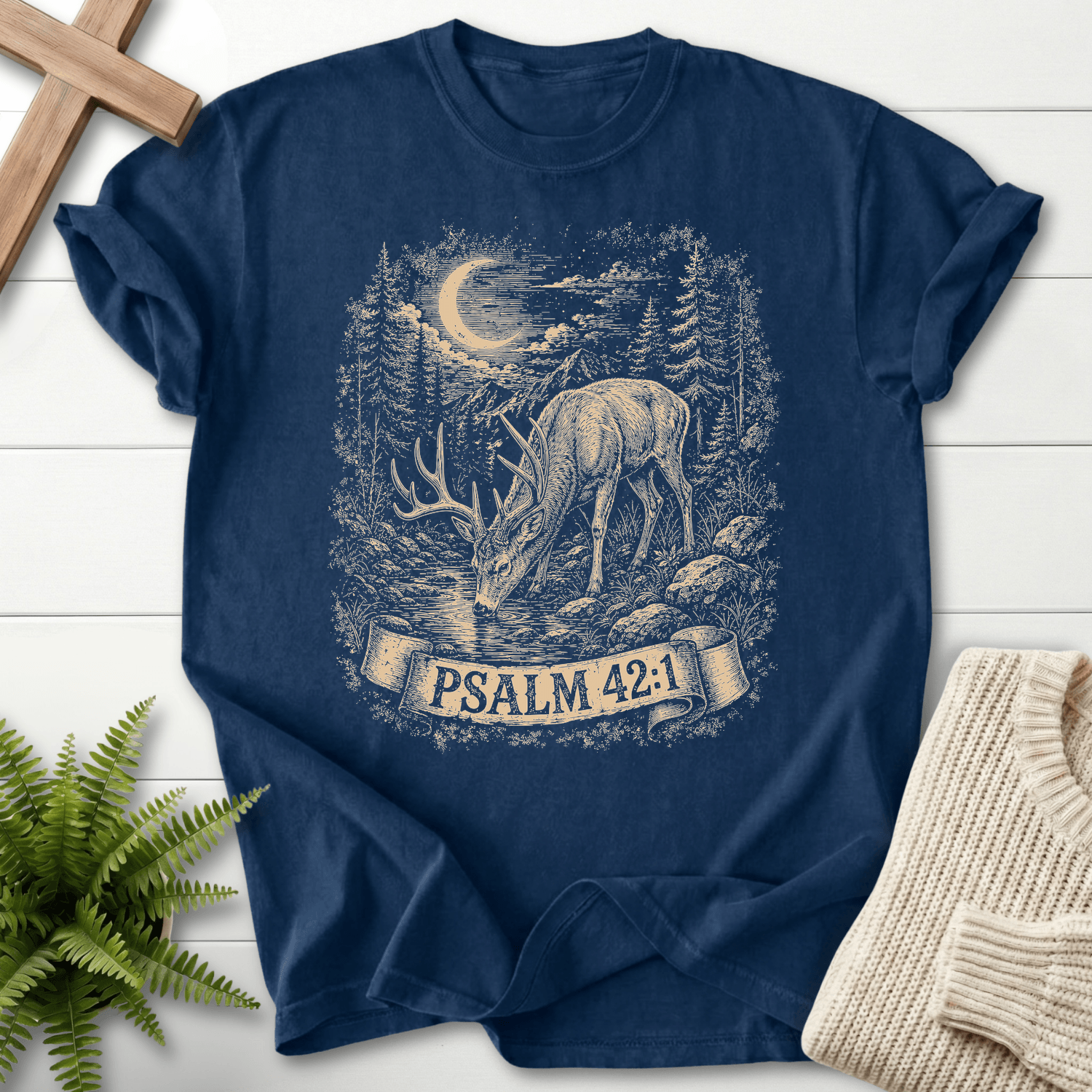 Deer In Night Sky Ps 42 1 T-Shirt in Navy | She Wears Faith