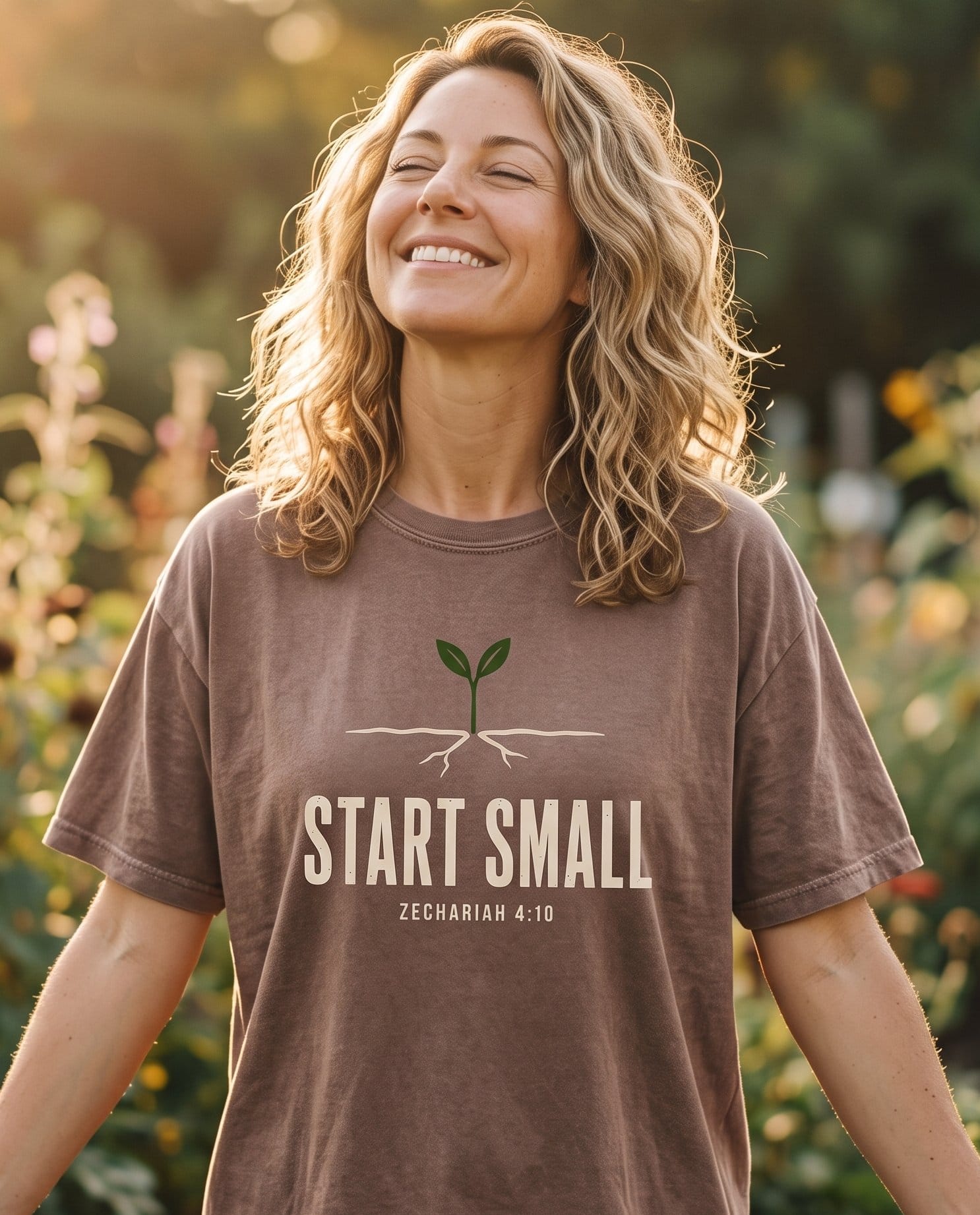 Do Not Despise Small Beginnings Zech 4:10 – Espresso women's Christian tee, lifestyle photo in outdoor garden – A small green sprout with two leaves growing from cream roots – Zechariah 4:10 – She Wears Faith