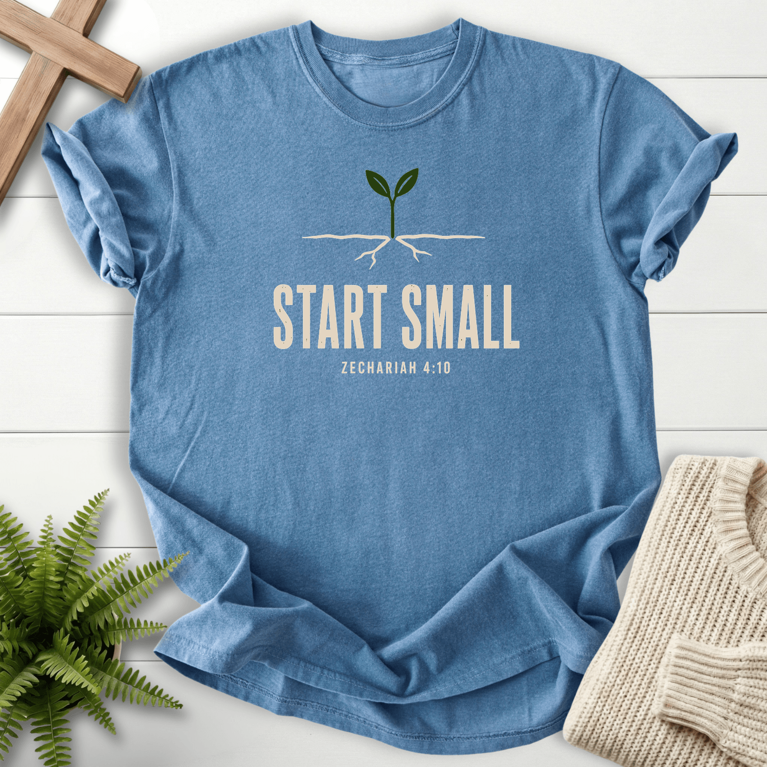Do Not Despise Small Beginnings Zech 4 10 T-Shirt in Blue Jean | She Wears Faith