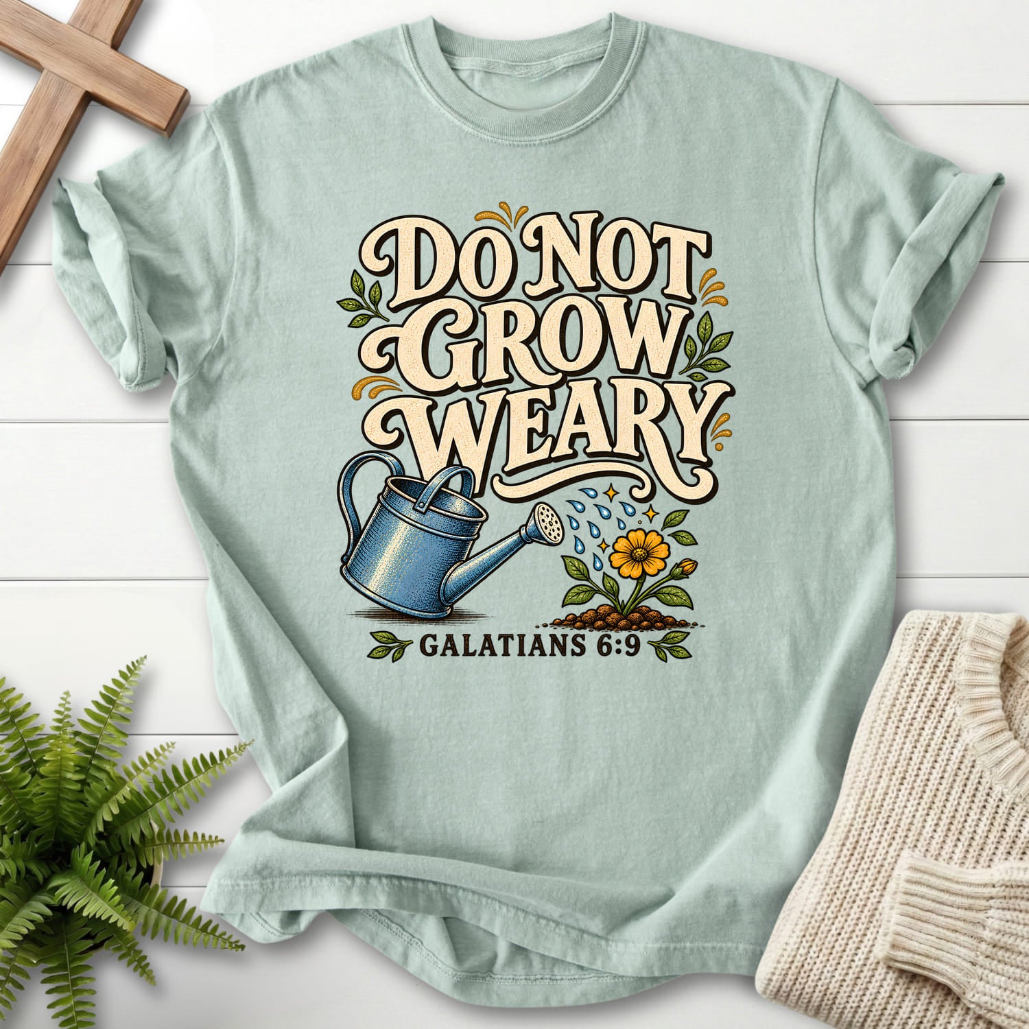 Flat lay of a Bay faith-inspired shirt featuring flower artwork with "Do Not Grow Weary Galatians 6 9 T-Shirt" Galatians 6:9.