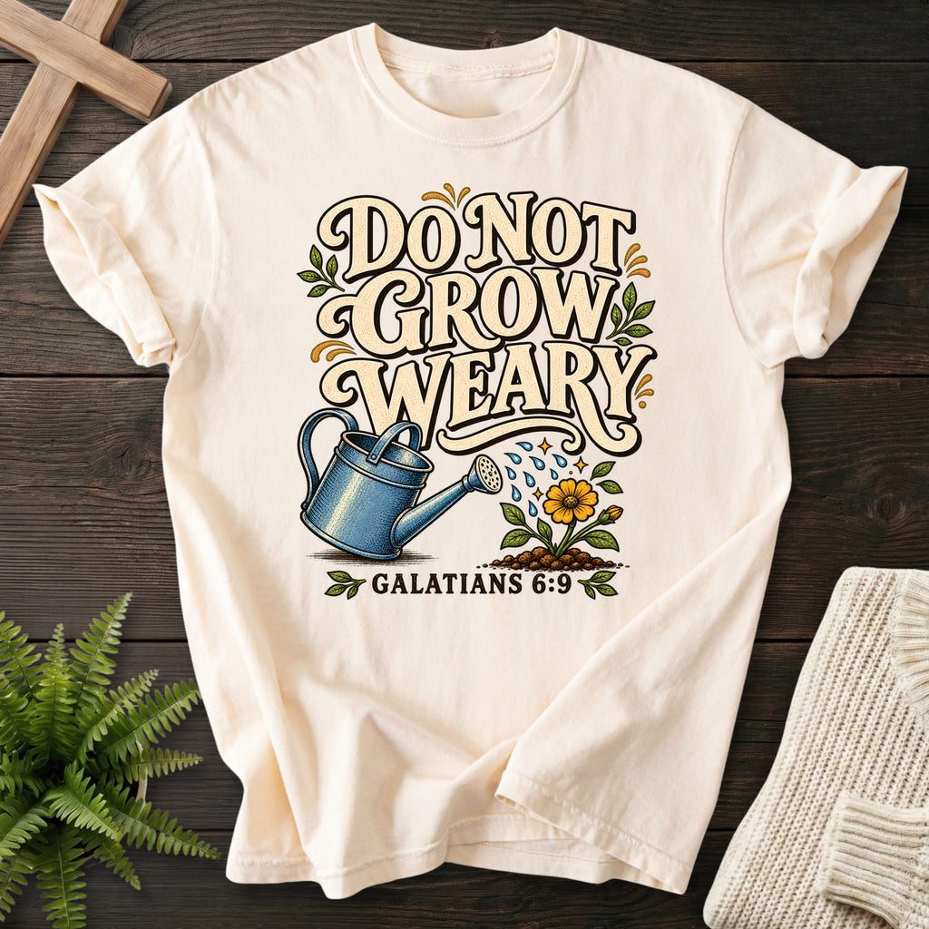 Flatlay of an Ivory Scripture shirt with flower artwork with "Do Not Grow Weary Galatians 6 9 T-Shirt" Galatians 6:9.