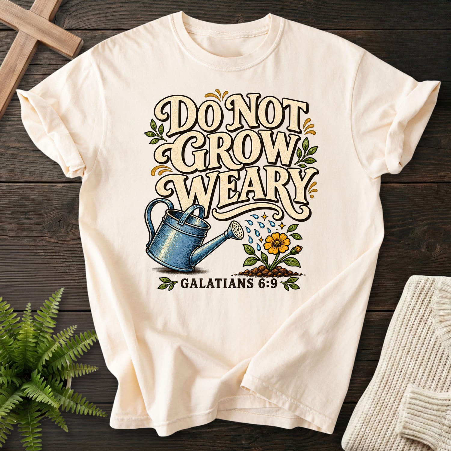 Flatlay of an Ivory Scripture shirt with flower artwork with "Do Not Grow Weary Galatians 6 9 T-Shirt" Galatians 6:9.