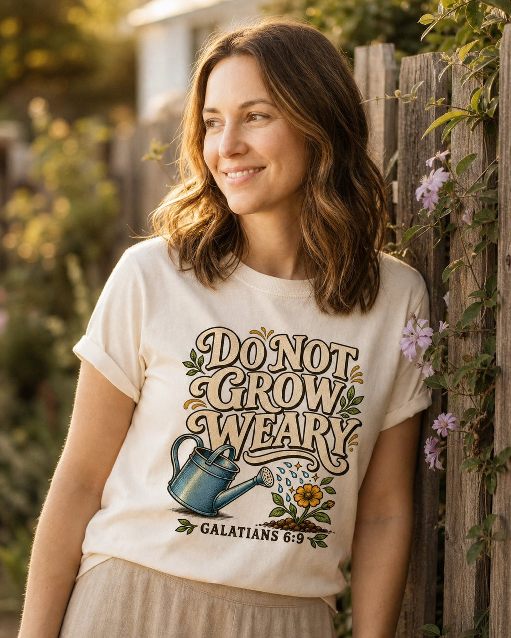 Do Not Grow Weary Galatians 6:9 – Ivory women's Christian tee, lifestyle photo in outdoor garden – Retro lettering with a watering can and blooming flower – Galatians 6:9 – She Wears Faith