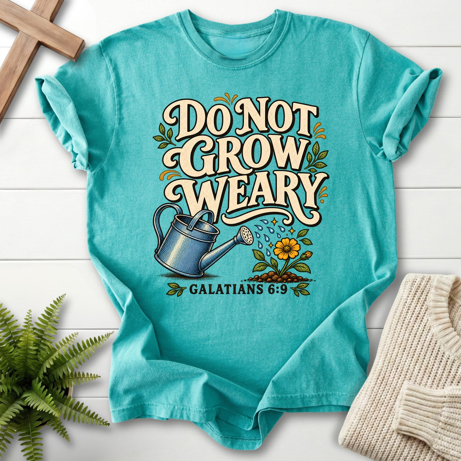 Seafoam color option for the Do Not Grow Weary Galatians 6 9 tee with flower artwork with "Do Not Grow Weary Galatians 6 9 T-Shirt" Galatians 6:9 fro.