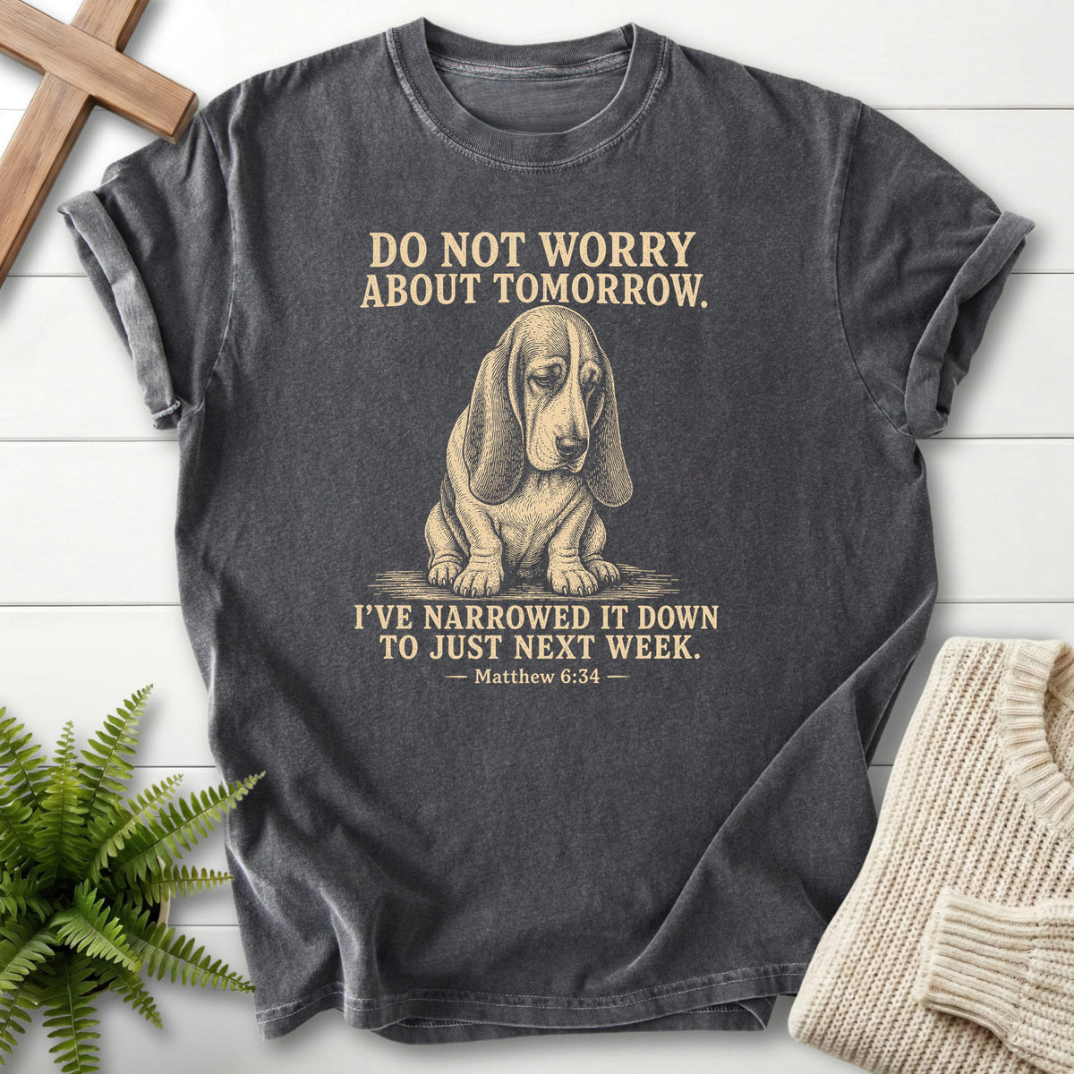 Pepper color option for the Do Not Worry About Tomorrow tee with "Do Not Worry About Tomorrow T-Shirt" Matthew 6:34 for women's faith apparel.