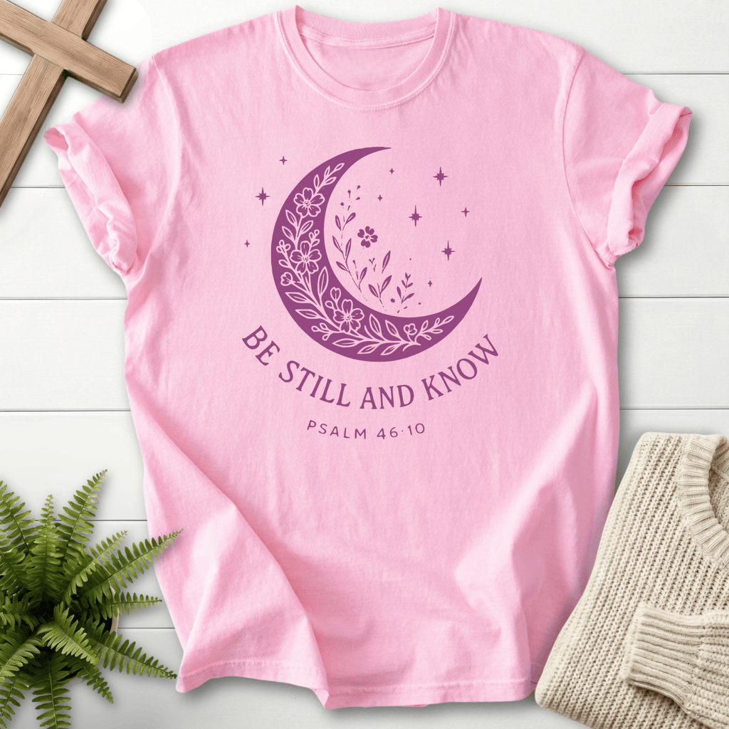 Blossom Christian t-shirt for women with a botanical crescent moon filled with wildflowers and 'Be Still and Know', Psalm 46:10.