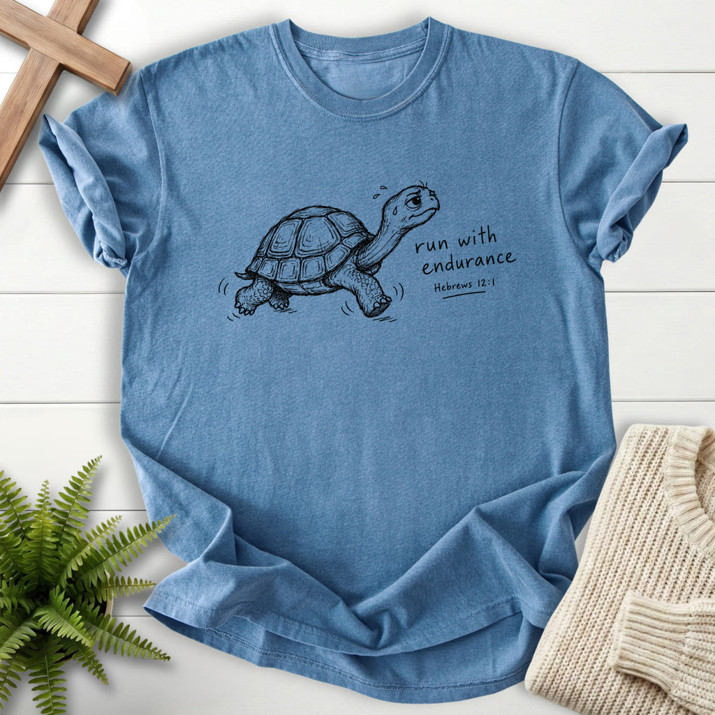 Blue Jean color option for the Endurance Turtle Hebrews 12:1 tee with "Endurance Turtle Hebrews 12:1 T-Shirt" Hebrews 12:1 for women's faith apparel.