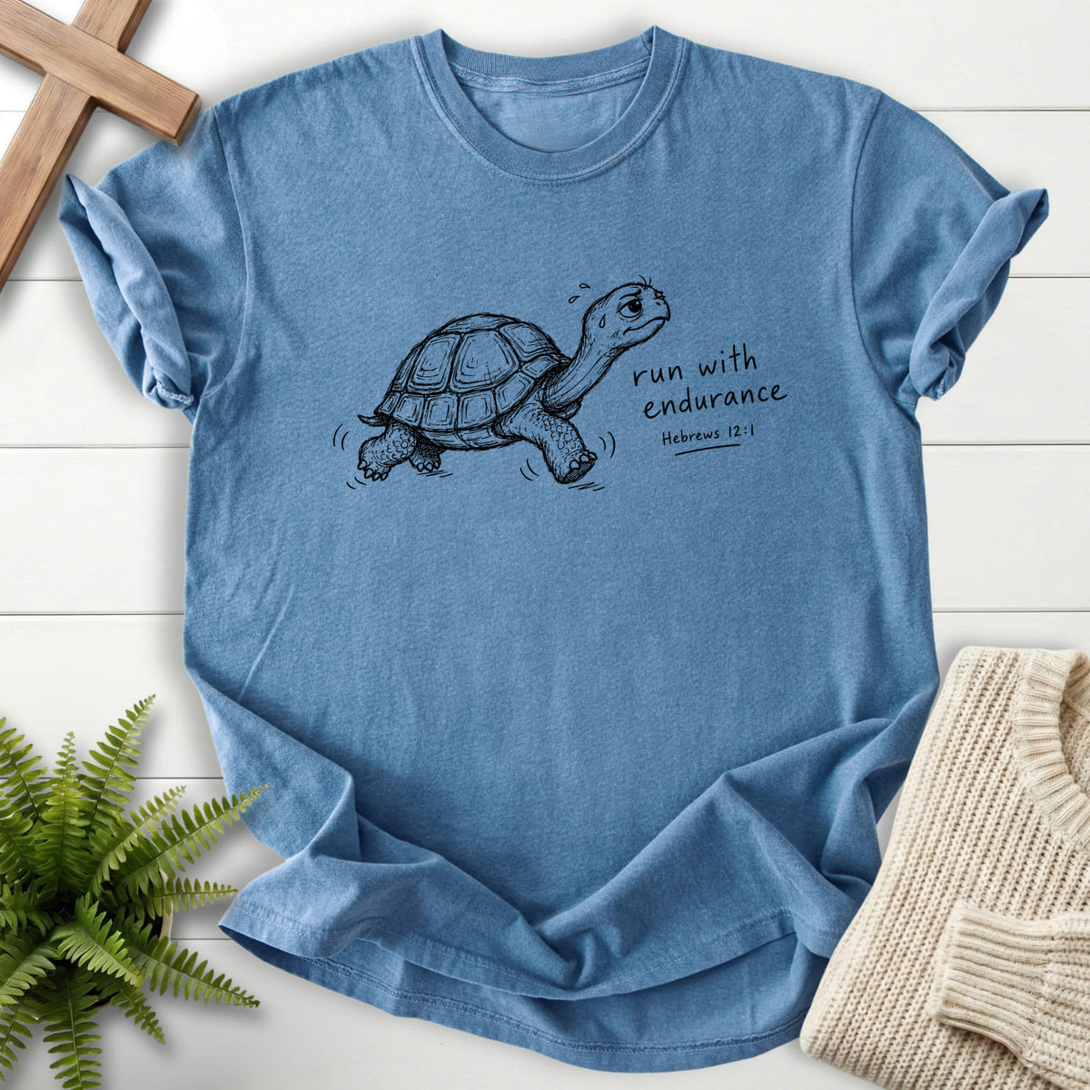 Blue Jean color option for the Endurance Turtle Hebrews 12:1 tee with "Endurance Turtle Hebrews 12:1 T-Shirt" Hebrews 12:1 for women's faith apparel.