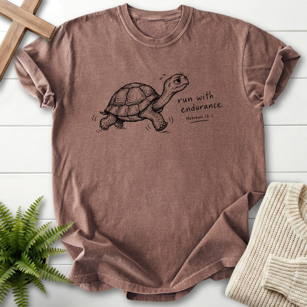 Espresso color option for the Endurance Turtle Hebrews 12:1 garment-dyed Christian tee with "Endurance Turtle Hebrews 12:1 T-Shirt" Hebrews 12:1.