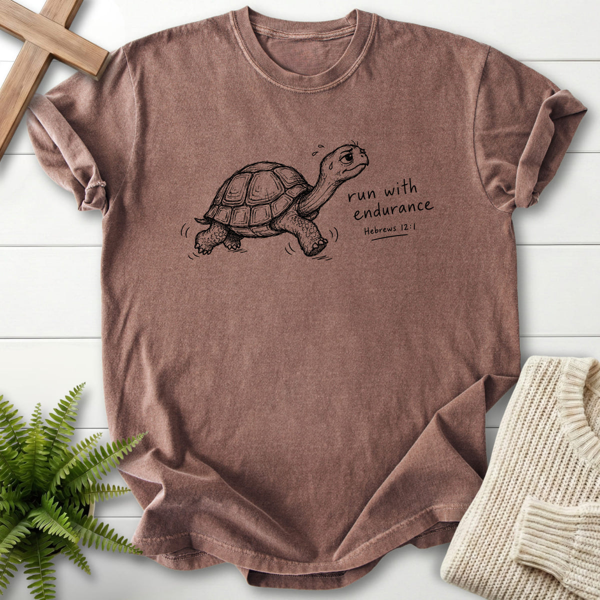Espresso color option for the Endurance Turtle Hebrews 12:1 garment-dyed Christian tee with "Endurance Turtle Hebrews 12:1 T-Shirt" Hebrews 12:1.