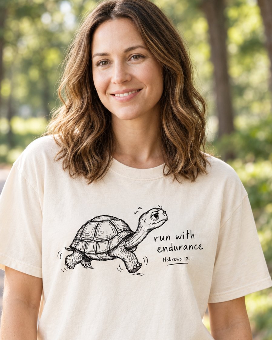 Endurance Turtle Hebrews 12:1, Ivory women's Christian tee, lifestyle photo in nature trail, Sketched determined turtle with Run With Endurance text, Hebrews 12:1, She Wears Faith
