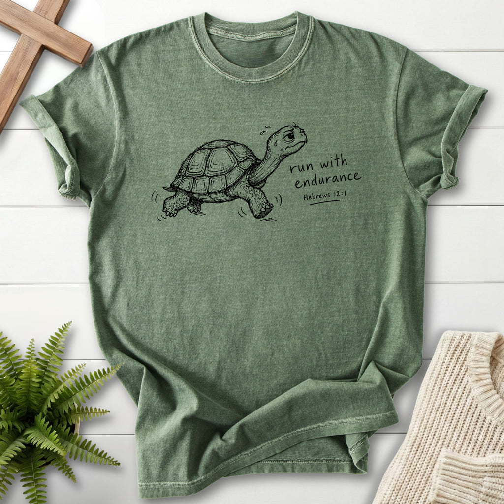 Moss color option for the Endurance Turtle Hebrews 12:1 faith-inspired shirt with "Endurance Turtle Hebrews 12:1 T-Shirt" Hebrews 12:1.