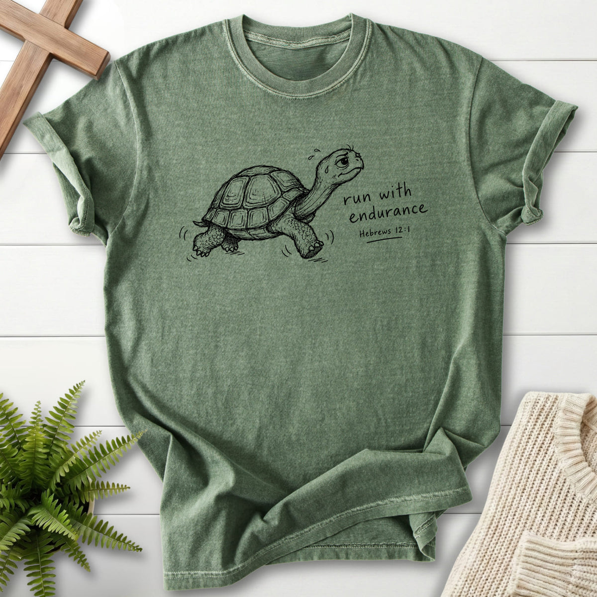 Moss color option for the Endurance Turtle Hebrews 12:1 faith-inspired shirt with "Endurance Turtle Hebrews 12:1 T-Shirt" Hebrews 12:1.