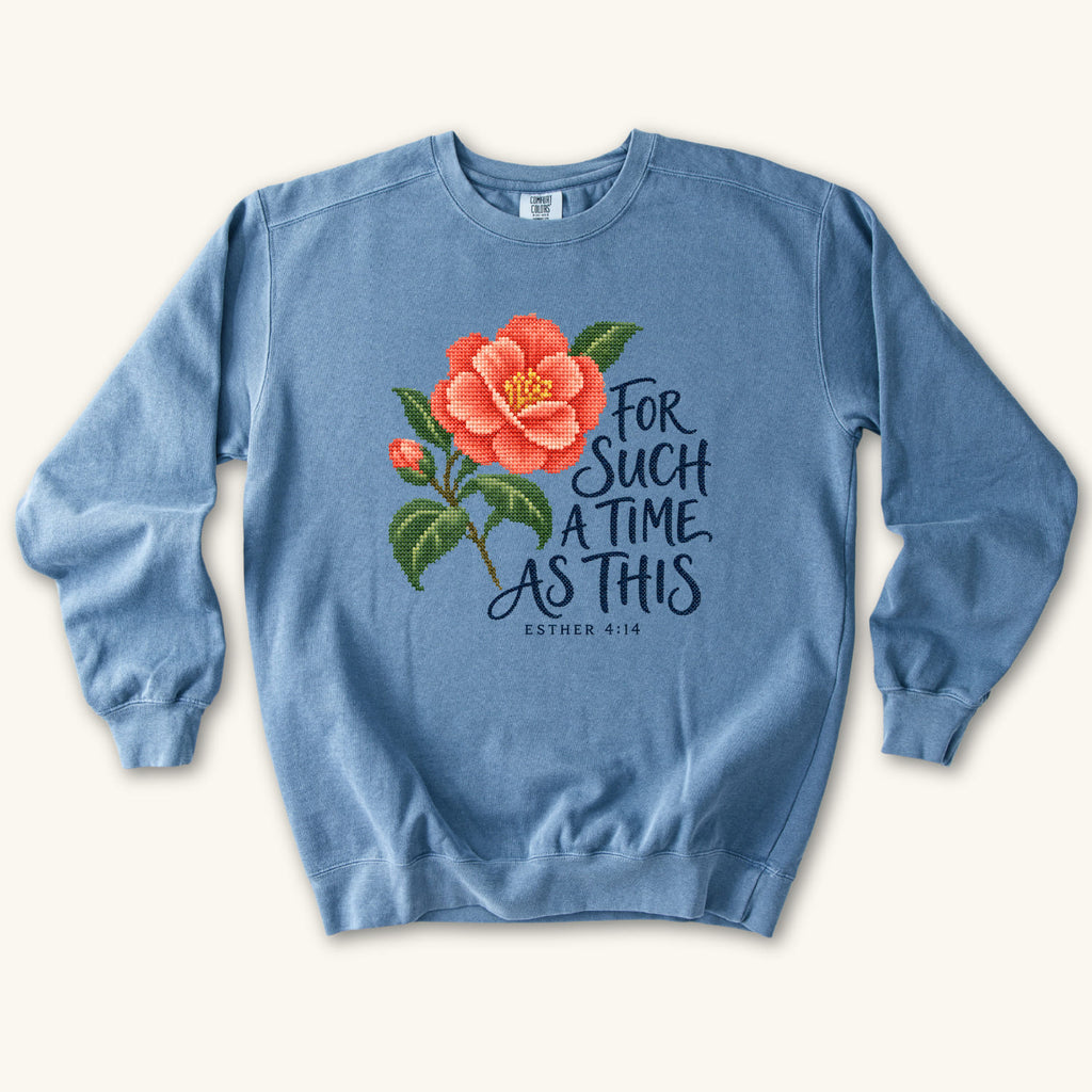 Blue Jean Esther 4 14 Cross Stitch sweatshirt flat lay mockup, Esther 4:14 Christian apparel for women