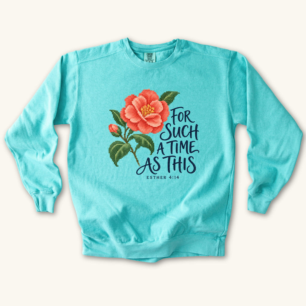 Chalky Mint Esther 4 14 Cross Stitch sweatshirt flat lay mockup, Esther 4:14 Christian apparel for women