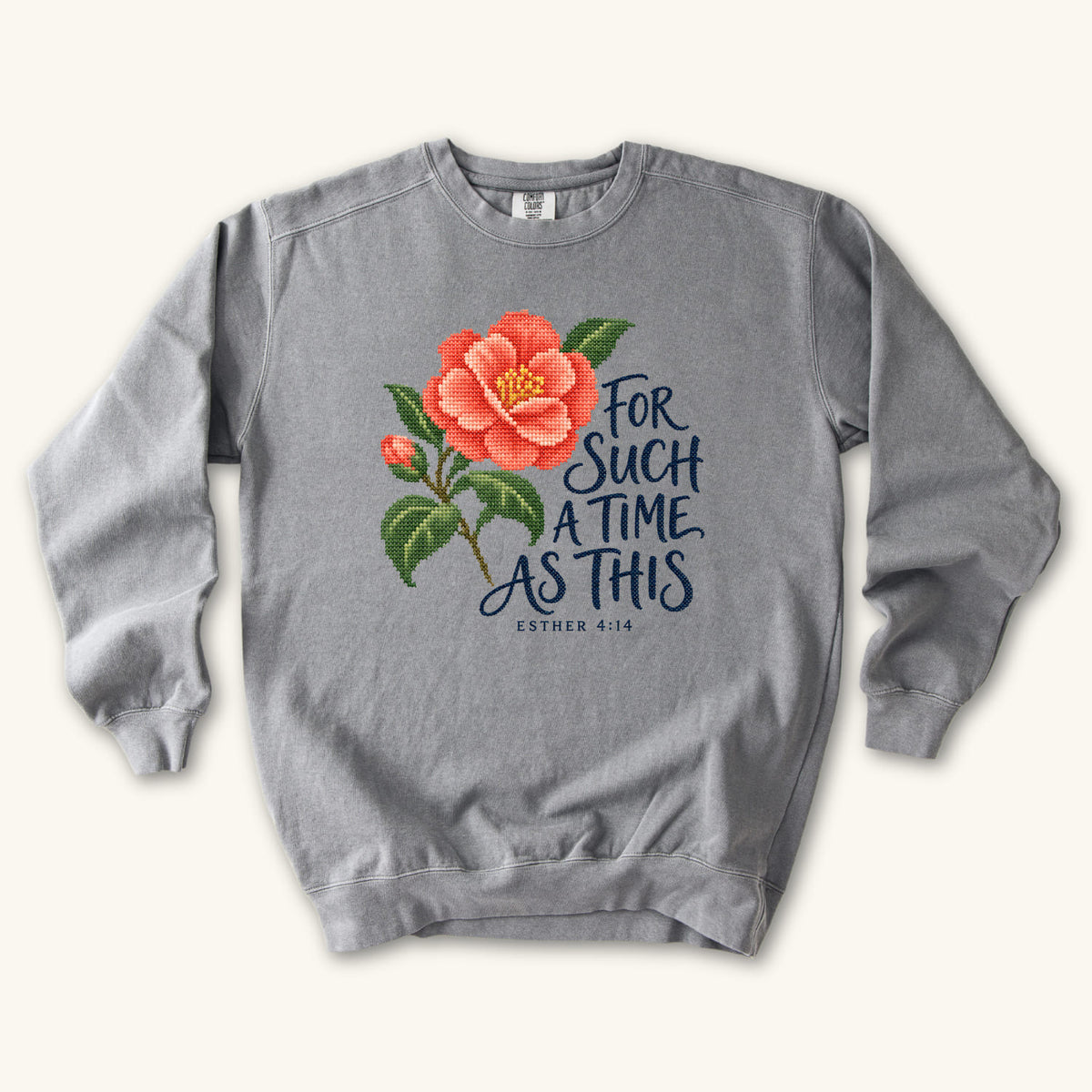 Grey Esther 4 14 Cross Stitch sweatshirt flat lay mockup, Esther 4:14 Christian apparel for women