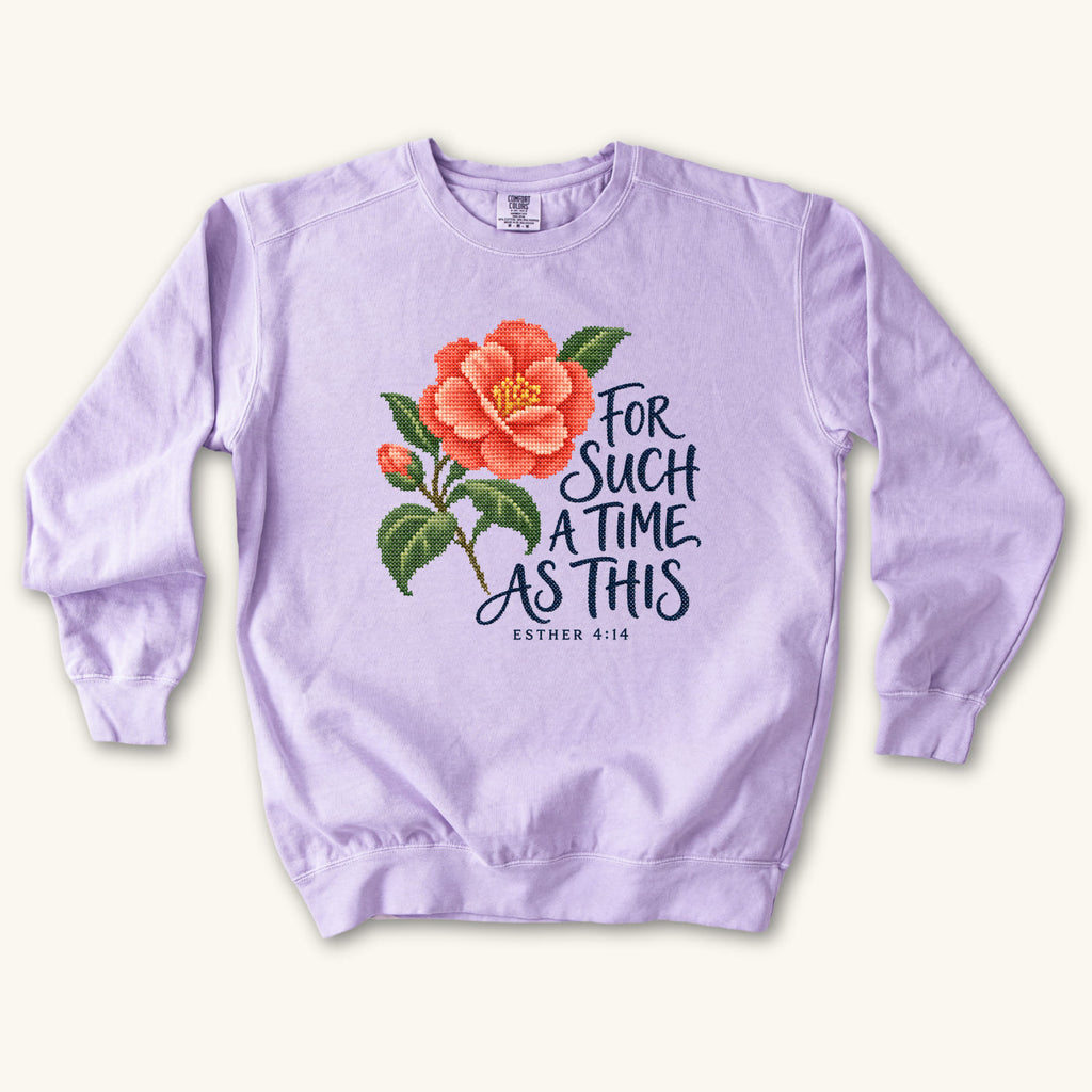 Orchid Esther 4 14 Cross Stitch sweatshirt flat lay mockup, Esther 4:14 Christian apparel for women