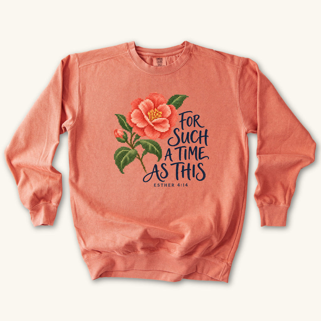 Terracotta Esther 4 14 Cross Stitch sweatshirt flat lay mockup, Esther 4:14 Christian apparel for women