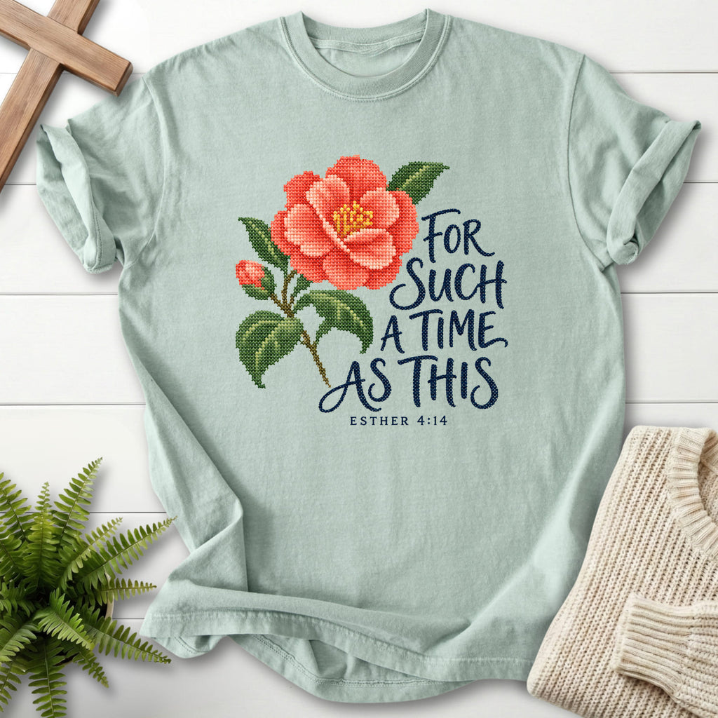 Bay Esther 4 14 Cross Stitch T-shirt flat lay mockup, Esther 4:14 Christian apparel for women