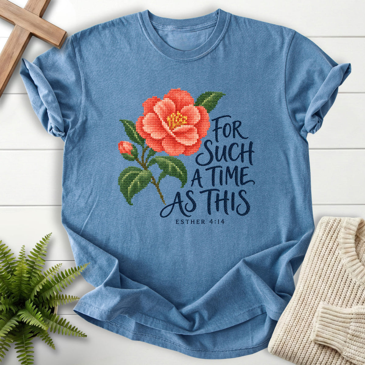 Blue Jean Esther 4 14 Cross Stitch T-shirt flat lay mockup, Esther 4:14 Christian apparel for women