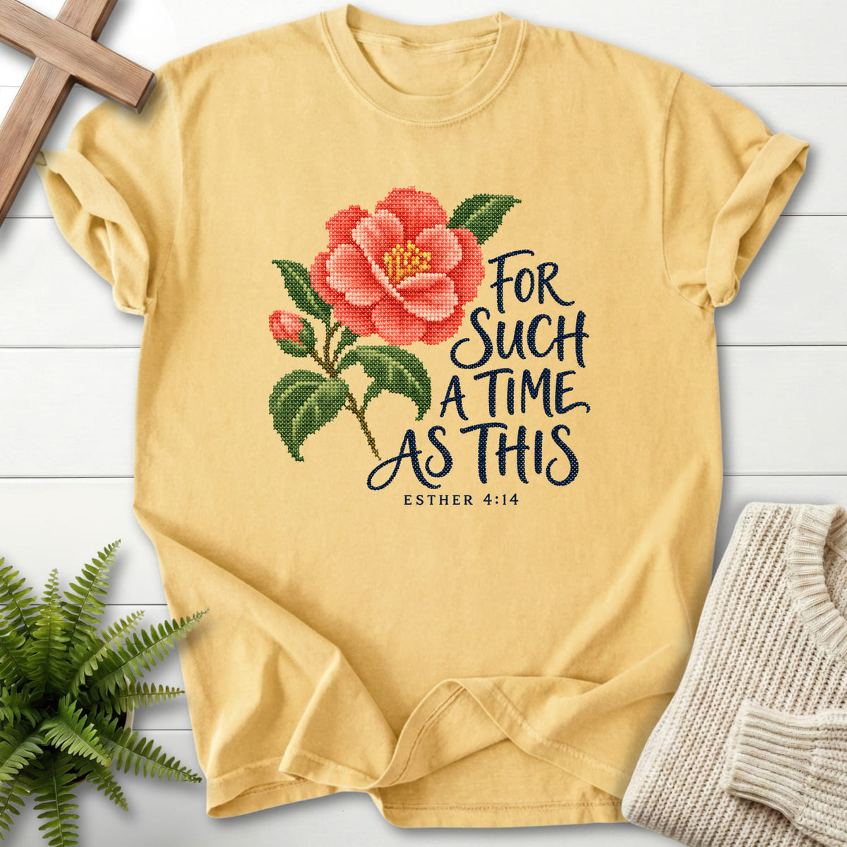 Butter Esther 4 14 Cross Stitch T-shirt flat lay mockup, Esther 4:14 Christian apparel for women