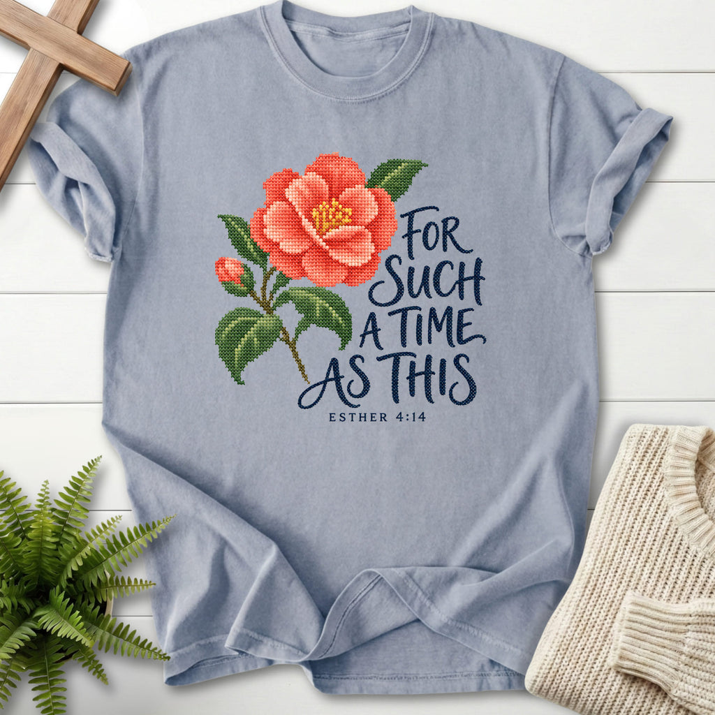 Granite Esther 4 14 Cross Stitch T-shirt flat lay mockup, Esther 4:14 Christian apparel for women