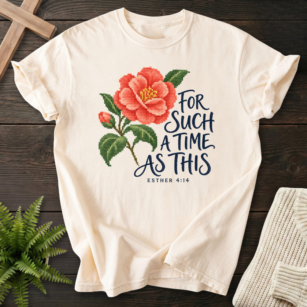 Ivory Esther 4 14 Cross Stitch T-shirt flat lay mockup, Esther 4:14 Christian apparel for women